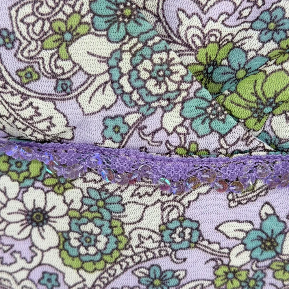 VTG Xhilaration Fairy Mini Dress Sz S Purple Floral Mesh Y2K Sequin Lettuce Hem